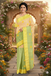 Beige and Green Dobby Saree with Yellow Border and Butis
