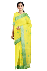 Lemon Yellow Dobby Saree with Butis and Silver Zari Border