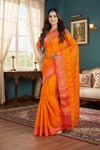 Orange Saree with Golden Zari and Magenta Border and Striped Butis