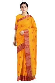 Marigold Orange Dobby Saree with Golden Zari and Red Border and Butis