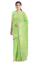 Sea Green Dobby Saree with Butis and Goldan Zari, Blue Border