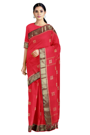 Carmine Red Mercerised Saree with Butis and Goldan Zari Border