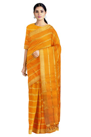 Orange Mercerised Cotton Dobby Saree with Golden Zari Stripes and Border