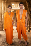 Traditional Handloom Joda Set in Amber Orange with Goldan Zari Dobby Border