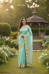 Green Dobby Saree with Yellow and Silver Zari Border and White Lined Butis