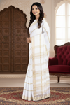 White Dobby Saree with Golden Zari Border and Stripes
