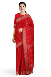 Red Dobby Mercerised Saree with Buti and Goldan Zari Border