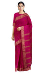 Magenta Dobby Saree with Golden Zari Border and Red, Green and Yellow Butis