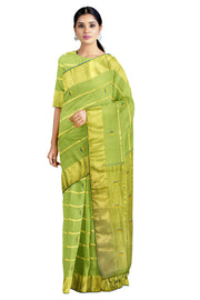 Green Dobby Saree with Golden Zari, Yellow and Green Border and Butis