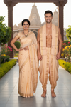 Peach Yellow Dobby Couple Set with Red and Golden Zari Border and Butis