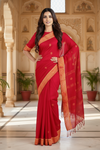 Red Dobby Saree with Golden Zari Border and Butis