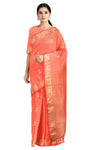 Coral Orange Dobby Saree with Magenta and Golden Zari Border and Lined Butis