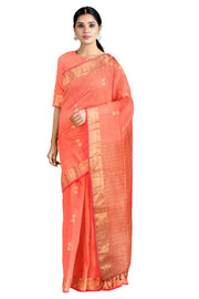 Coral Orange Dobby Saree with Magenta and Golden Zari Border and Lined Butis