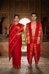 Red Dobby Couple Set with Golden Zari Border and Butis