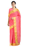 Ruby Pink Cotton Saree with Golden Zari Border and All-Over Diamond Motifs