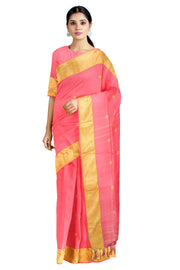 Ruby Pink Cotton Saree with Golden Zari Border and All-Over Diamond Motifs
