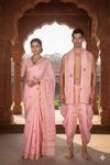 Peach Dobby Couple Set with Golden Zari Border and Red Butis