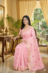 Pink Dobby Saree with Golden Zari Border and Magenta Butis