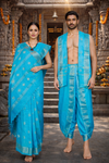 Blue Dobby Couple Set with Golden Zari Border and Butis