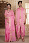 Pink Dobby Couple Set with Golden Zari Border and Red and Green Butis