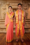 Peach Dobby Couple Set with Golden Zari, Blue and Yellow Border and Butis