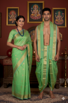Green Dobby Couple Set with Golden Zari Border and Butis