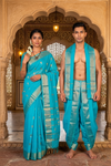 Cyan Couple Set with Golden Zari Border and Butis