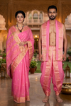 Pink Couple Set with Golden Zari Border and Butis