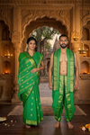 Green Dobby Couple Set with Silver and Golden Zari Border and Butis