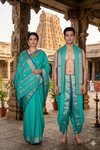 Green Dobby Couple Set with Silver, Golden Zari and Blue Border and Butis