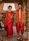 Red Dobby Couple Set with Golden Zari Border and Butis