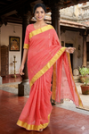 Orange Dobby Saree with Zari Butis, Check and Goldan Zari Border