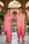 Pink Dobby Couple Set with Golden Zari Border and Butis
