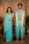 Cyan Dobby Couple Set with Golden Zari Border and Butis