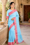 Sky Blue Dobby Saree with Pink and Silver Zari Border and Butis