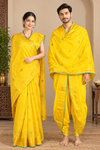 Yellow Dobby Couple Set with Golden Zari and Cyan Border and Multi Colour Butis