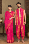 Magenta Dobby Couple Set with Red and Golden Zari Border, Checks and Butis