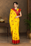 Yellow Dobby Saree with Golden Zari, Red and Green Border and Butis