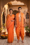 Orange Dobby Couple Set with Blue, Light Magenta and Golden Zari Border and Butis