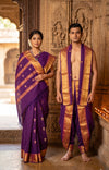 Indigo Dobby Couple Set with Golden Zari Border and Butis