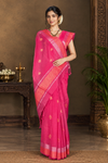 Pink Dobby Saree with Magenta, Silver and Golden Zari Border and Butis