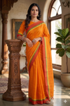 Orange Saree with Yellow, Red and Green Striped and Red Border