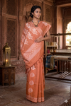 Burnt Orange Jacquard Cotton Banarasi Saree with White Border and Butas