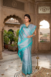 Cyan and Pink Jacquard Cotton Banarasi Saree