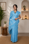 White and Blue Jacquard Cotton Banarasi Saree