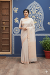 Pearl White Hand Spun Hand Woven Saree with White, Silver and Golden Zari Border and Butis