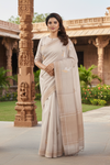 Pearl White Hand Spun Hand Woven Saree with Silver and Golden Zari Border and Butas