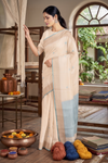 Cream Jacquard Cotton Saree with Butis and blue border