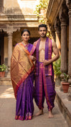 Indigo and Golden Zari Jacquard Couple Set with Magenta Border