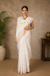 White Jamdani Saree with Golden Zari Linings and Border and Multi Color Motifs